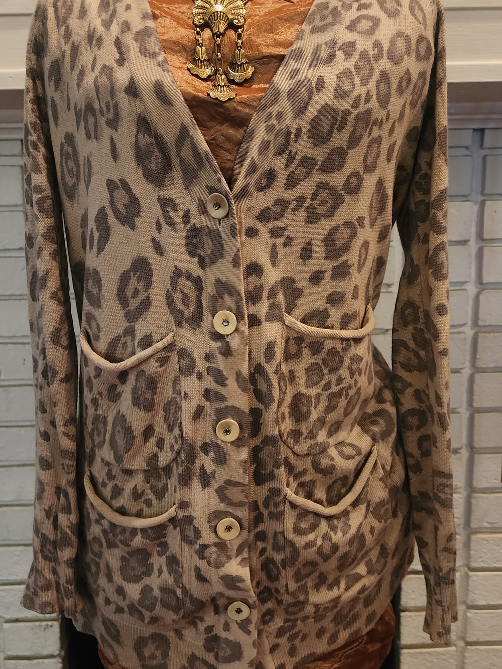 Rebecca Taylor Taupe Leopard Print V-Neck Button Cardigan